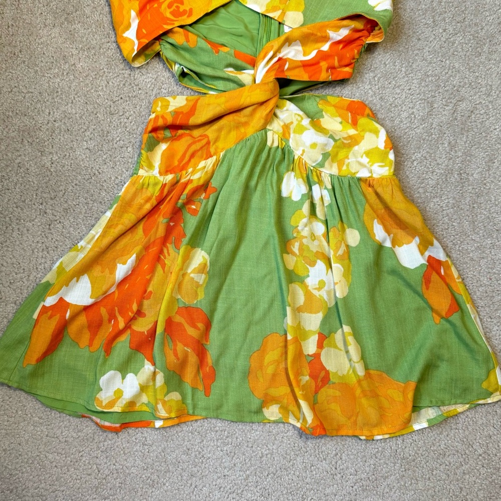 Sabo Skirt Amina Halter minidress in floral sunset, cutouts, worn once, Size 2 - Picture 6 of 11